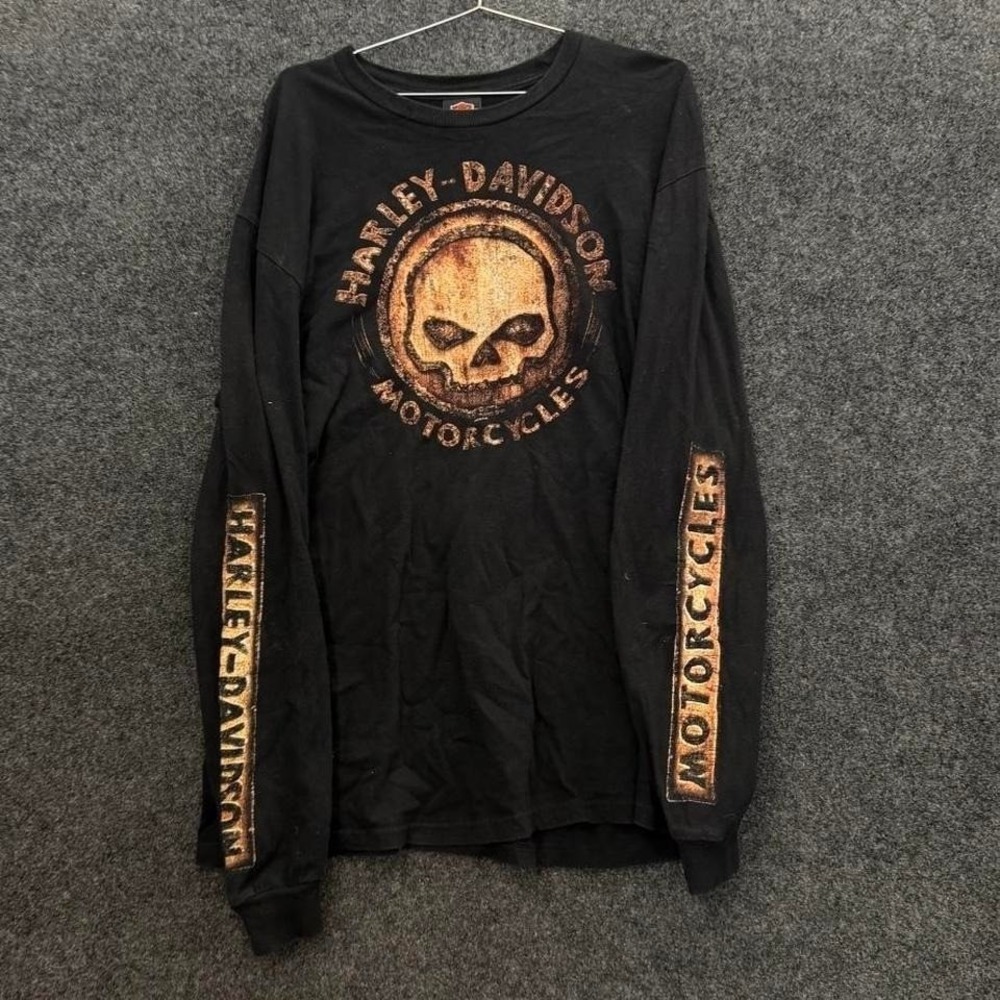 Harley Davidson Skull Long Sleeve Tee Black Men's XL Biker Graphic Shirt
